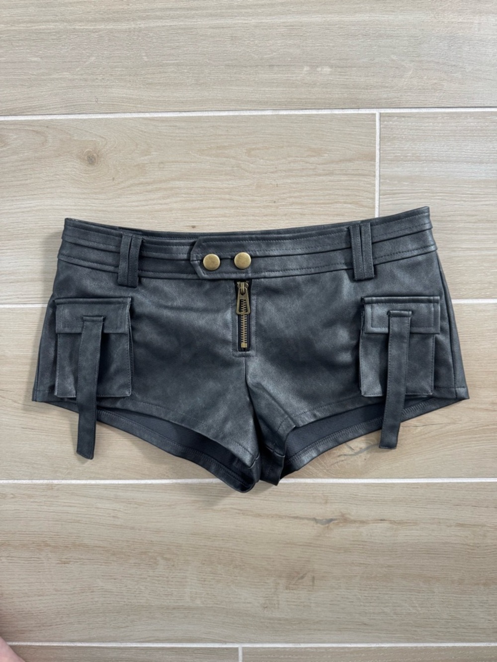 Edikted Black Faux Leather Cargo Shorties with Gold Hardware